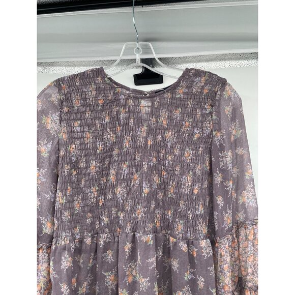 American Eagle Floral Sheer Blouse Smocked Long Flare Sleeve Violet/Multi Small - Picture 2 of 9